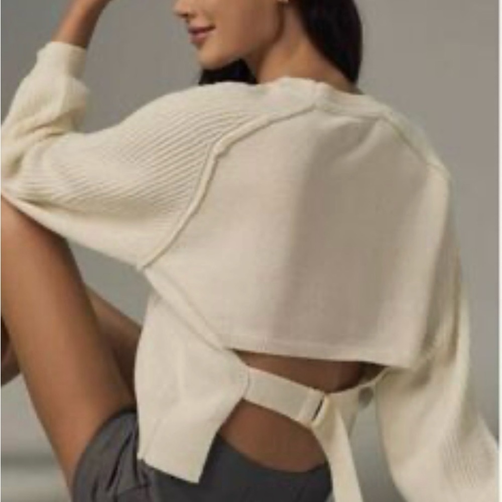 Pilcro Cream Crew Neck Sweater with Back Tie